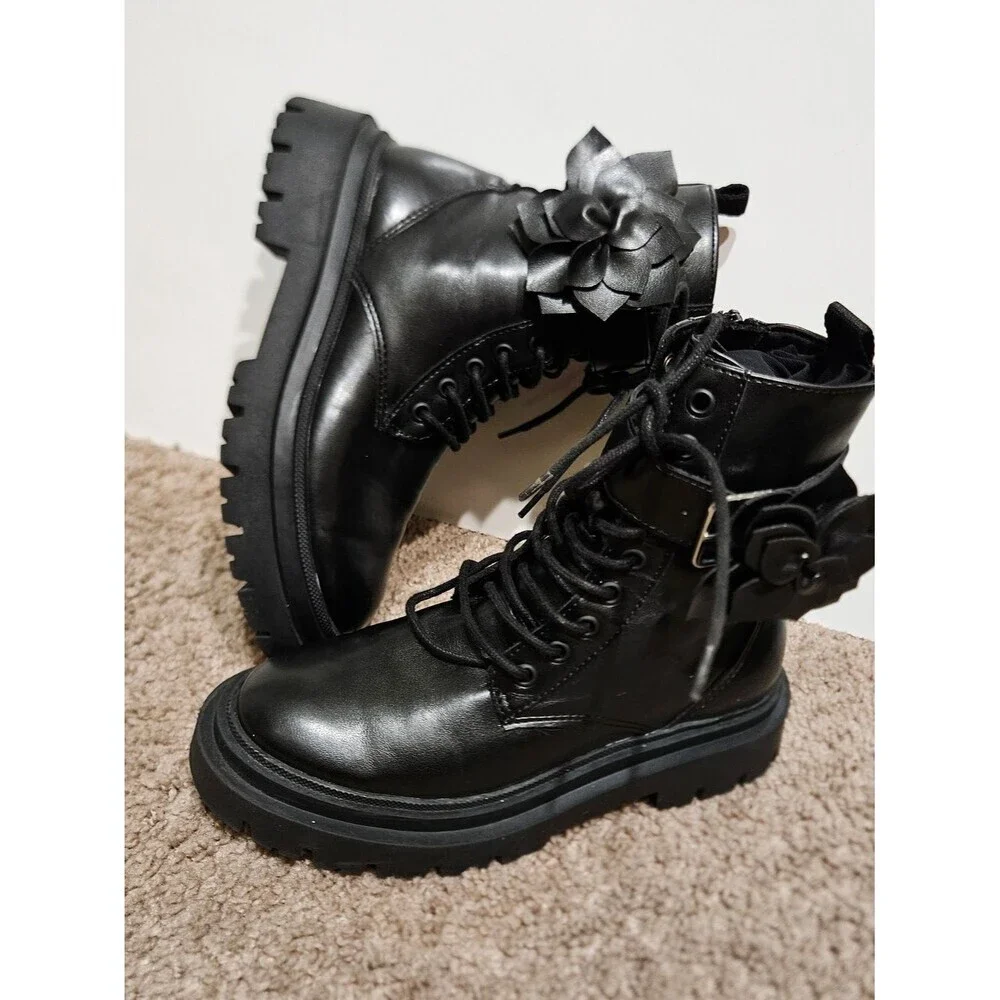 ZARA Girls Chunky Combat Boots Black | Floral Detail  | Trendy